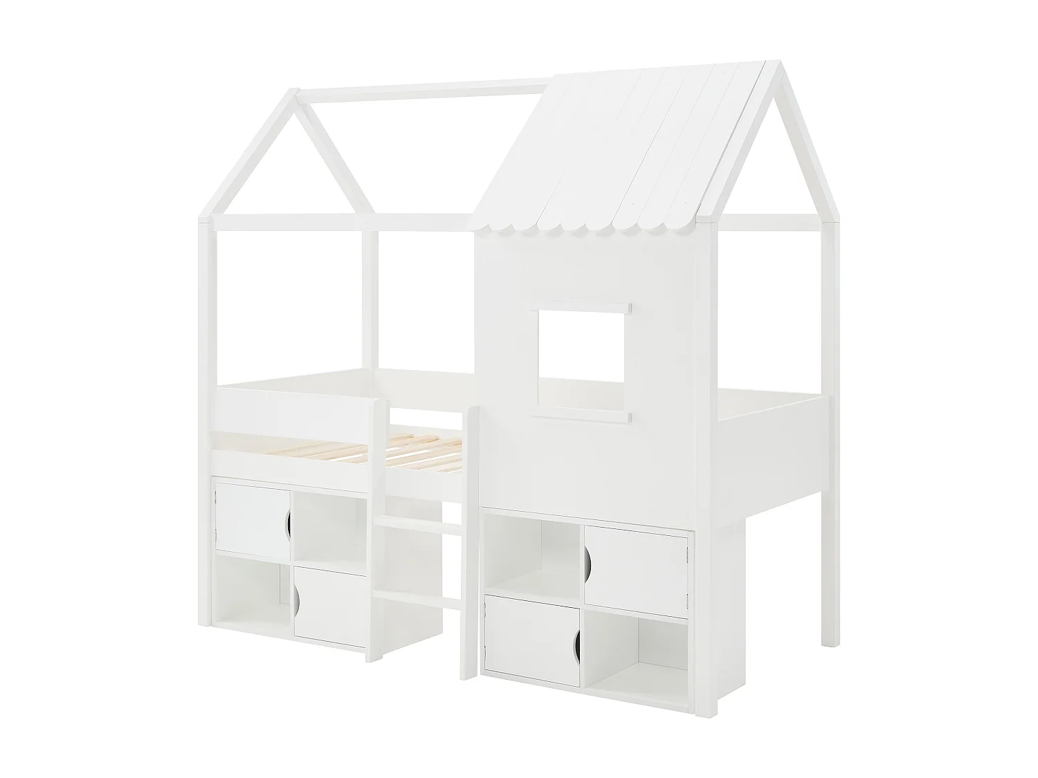 Lit mi-hauteur cabane 90 x 190 cm - Pin et MDF - Blanc + Matelas - VALESKIA