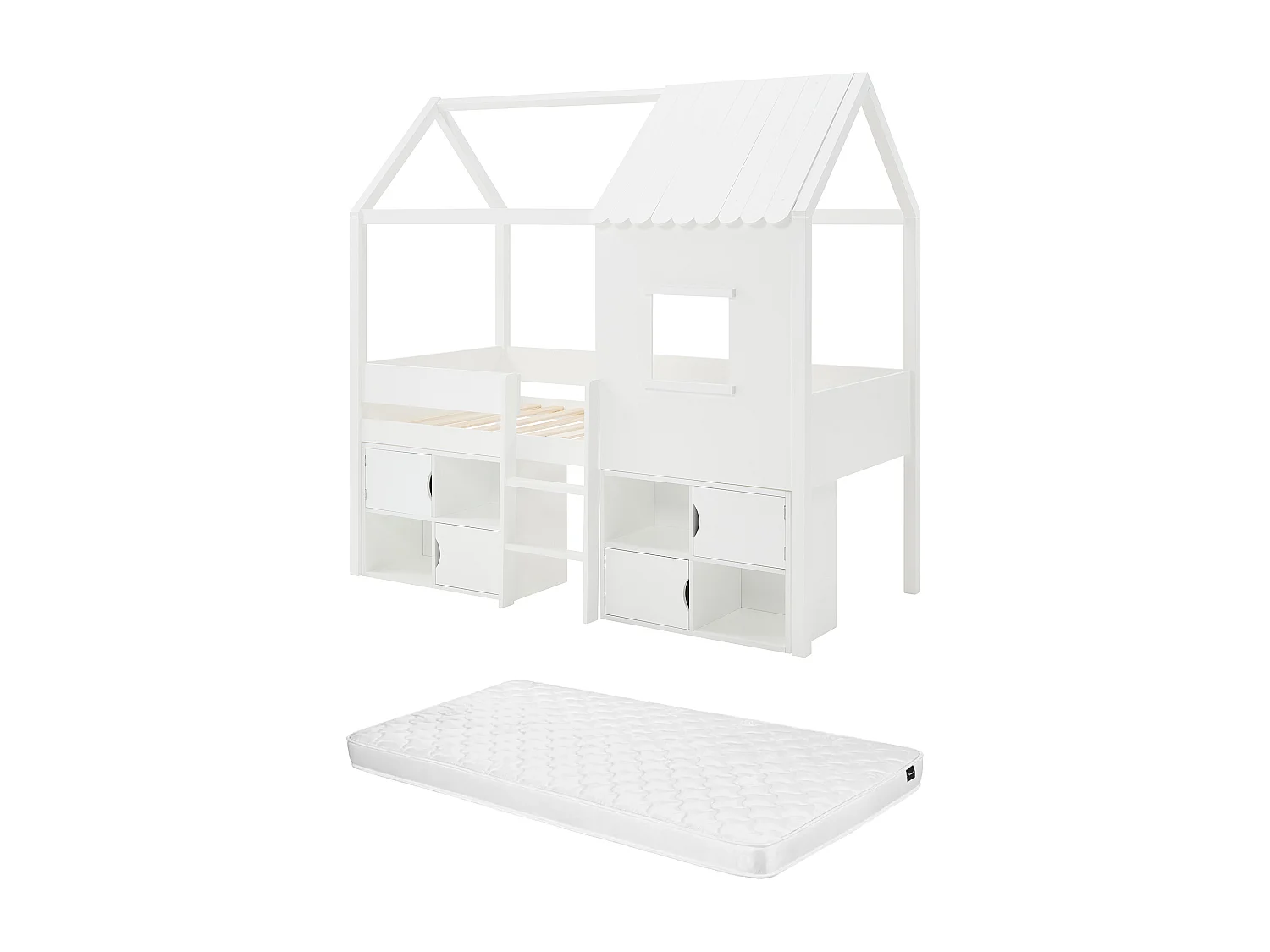 Lit mi-hauteur cabane 90 x 190 cm - Pin et MDF - Blanc + Matelas - VALESKIA