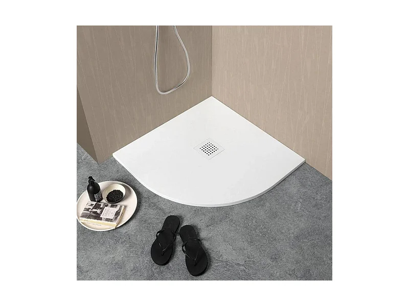 Receveur de douche semi-circulaire « Milano » blanc en résine effet pierre antidérapant cm 90x90h