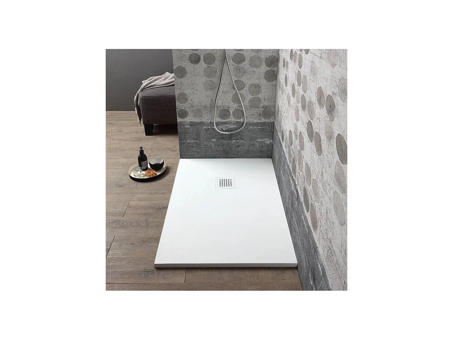 Receveur de douche rectangulaire fin blanc « Milano » en résine effet pierre, antidérapant, 70x90h cm