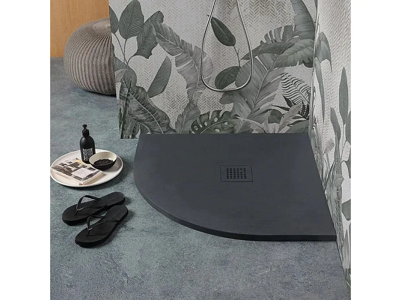 Piatto doccia semicircolare nero "Milano" in resina effetto pietra antiscivolo cm 80x80h