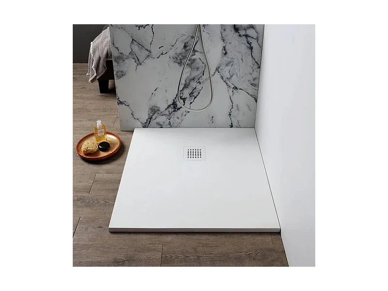 Receveur de douche fin carré blanc « Milano » en résine effet pierre, antidérapant, 70x70h cm