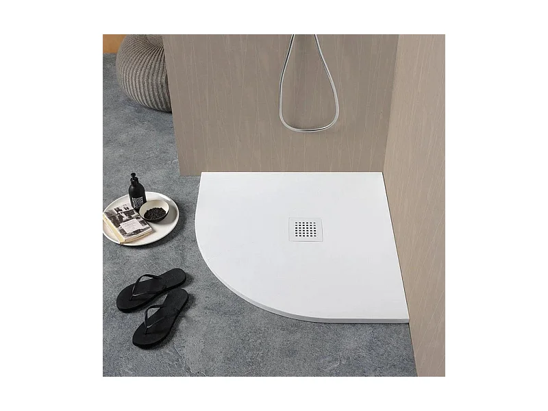 Receveur de douche semi-circulaire « Milano » blanc en résine effet pierre antidérapant cm 80x80h