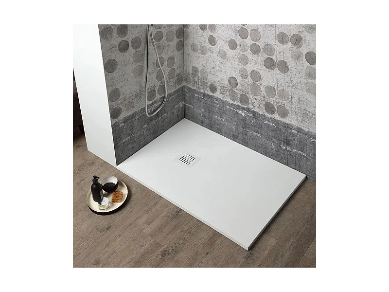 Receveur de douche rectangulaire fin blanc "Milano" en résine effet pierre, antidérapant, 80x120h cm