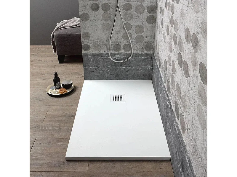 "Milano" dunne rechthoekige witte douchebak in steeneffecthars, antislip, 80x120h cm