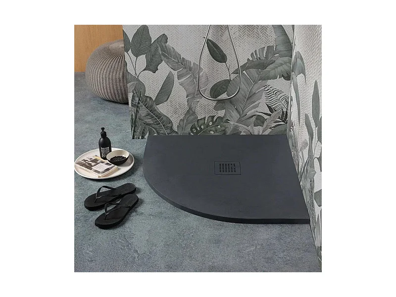 Receveur de douche semi-circulaire noir « Milano » en résine effet pierre antidérapant cm 90x90h