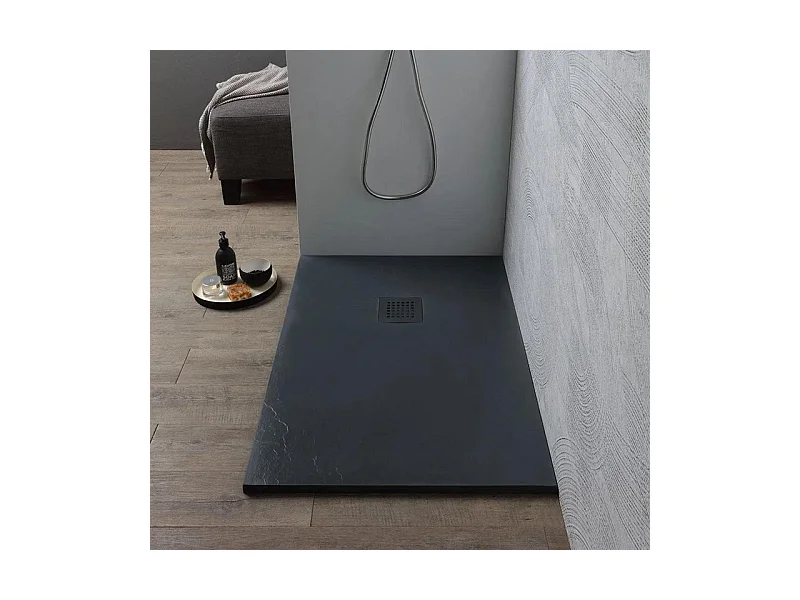 Receveur de douche rectangulaire fin "Milano" en résine noire effet pierre, antidérapant, 80x120h cm
