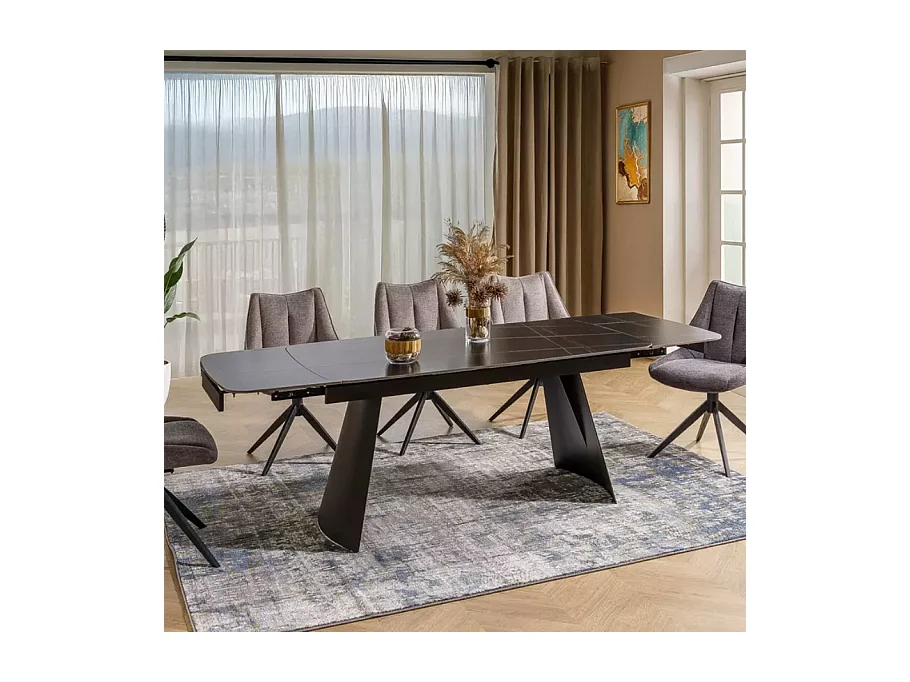 Table de salle à manger extensible 160 + 80cm plateau céramique noir mat FINLEY