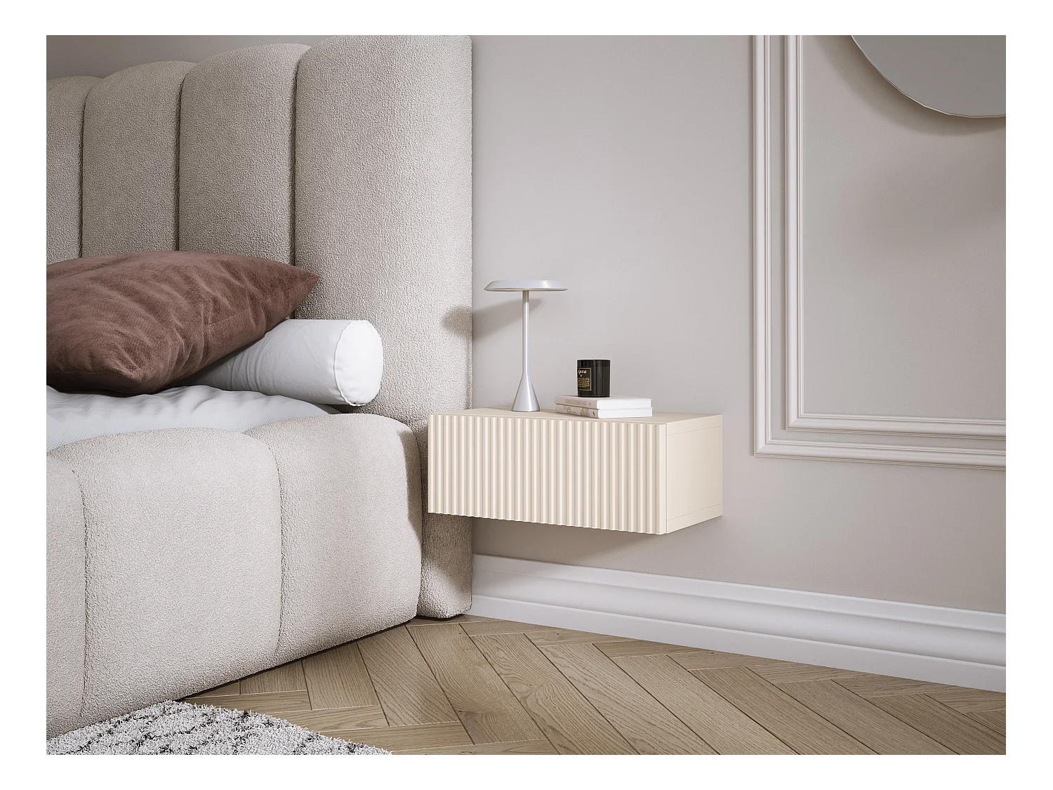 Table de chevet suspendue avec tiroir, façade rainurée, Couleur : cachemire, 40 x 20 x 16 cm