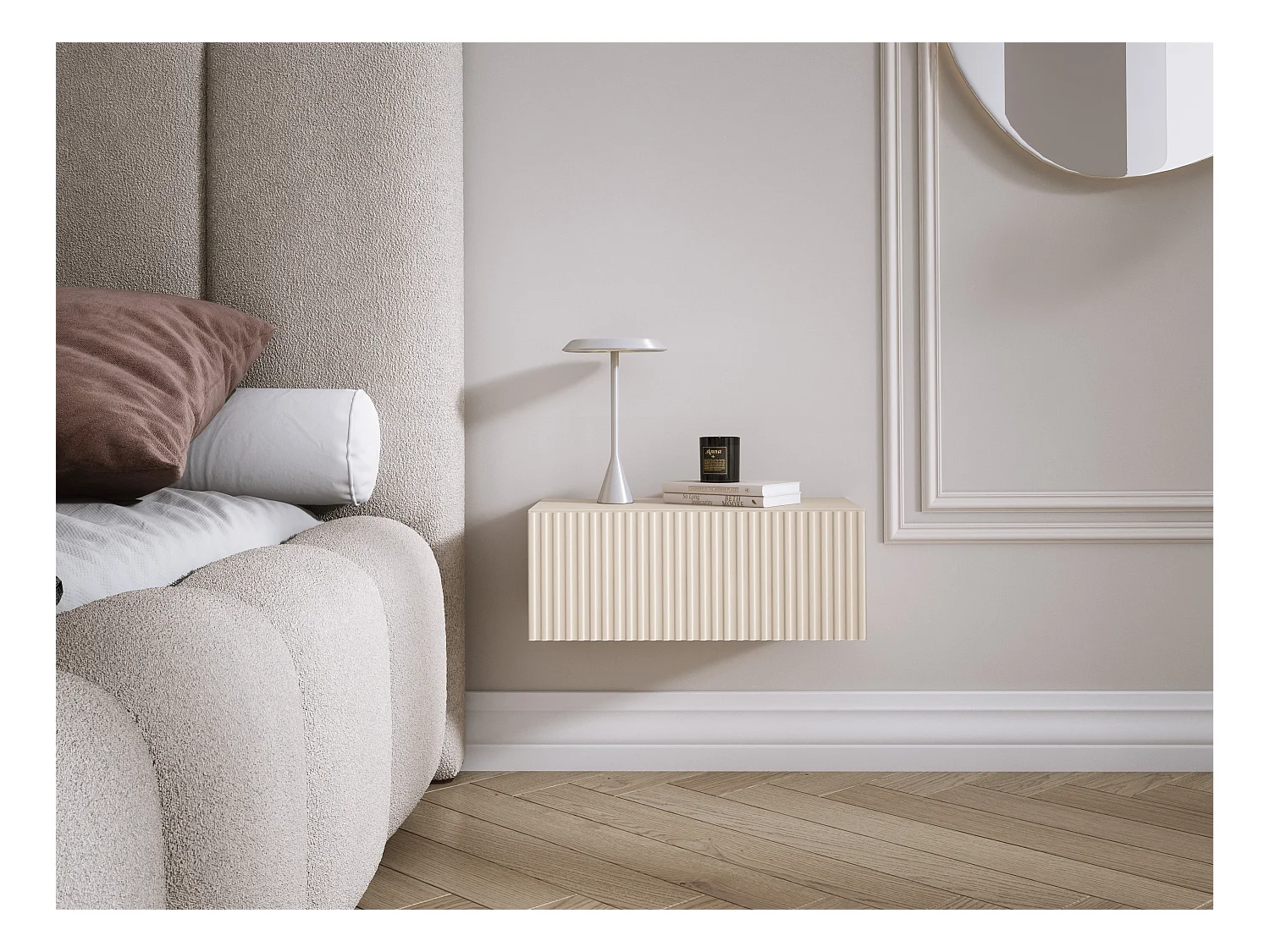 Table de chevet suspendue avec tiroir, façade rainurée, Couleur : cachemire, 40 x 20 x 16 cm