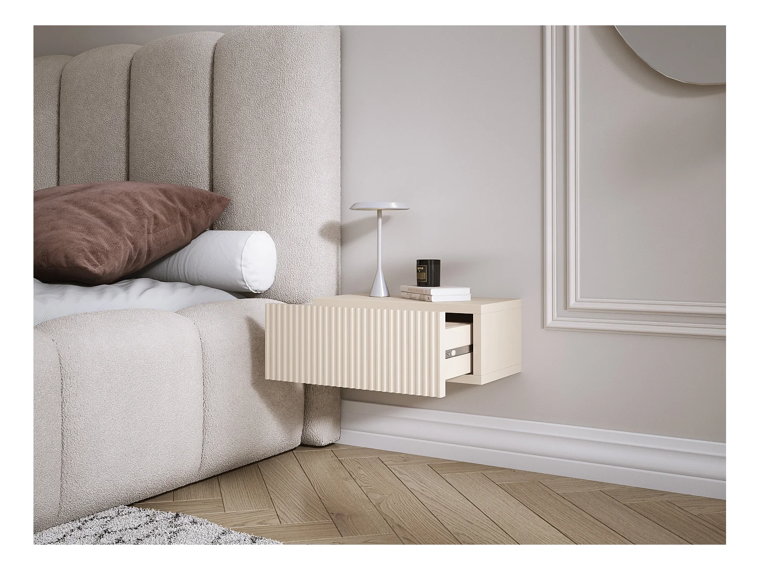 Table de chevet suspendue avec tiroir, façade rainurée, Couleur : cachemire, 40 x 20 x 16 cm