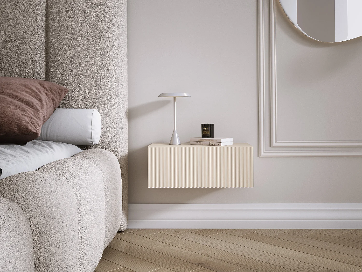 Table de chevet suspendue avec tiroir, façade rainurée, Couleur : cachemire, 40 x 20 x 16 cm