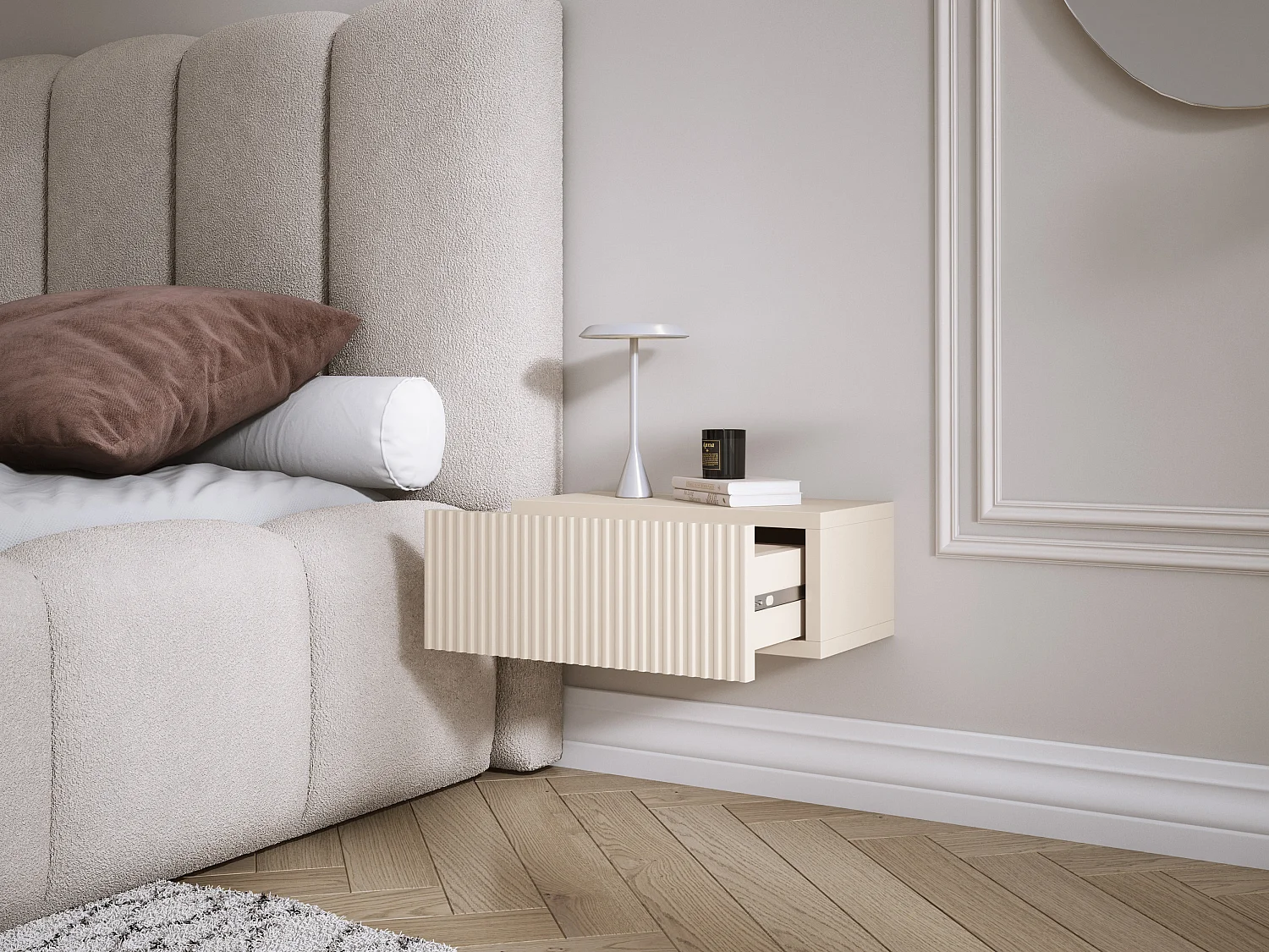Table de chevet suspendue avec tiroir, façade rainurée, Couleur : cachemire, 40 x 20 x 16 cm