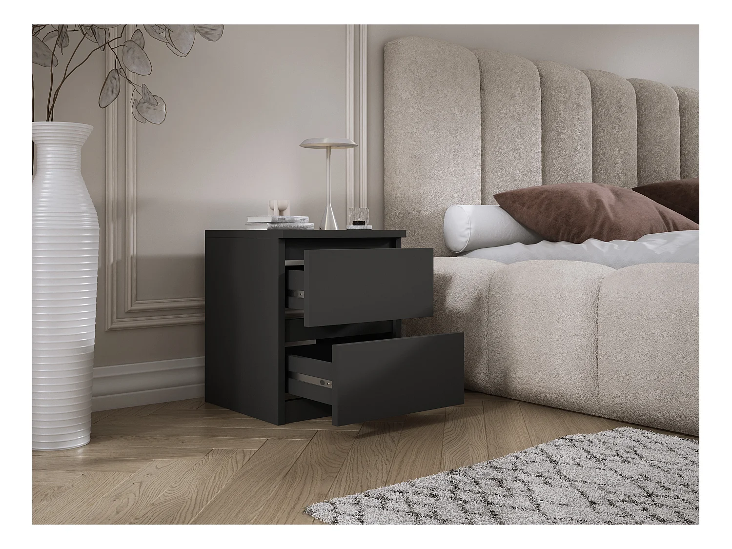 Staand nachtkastje met twee lades – 45 × 36 × 36 cm – kleur: Zwart