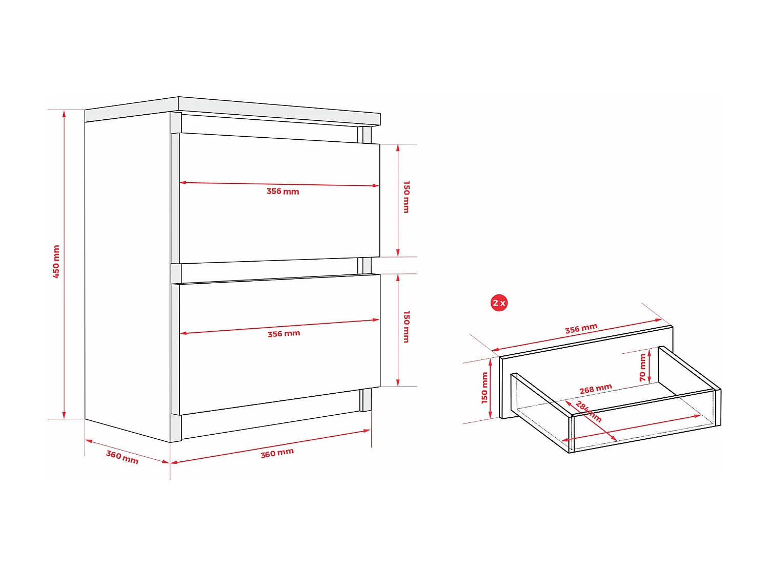 Table de chevet avec deux tiroirs, 45 × 36 × 36 cm, couleur : noir