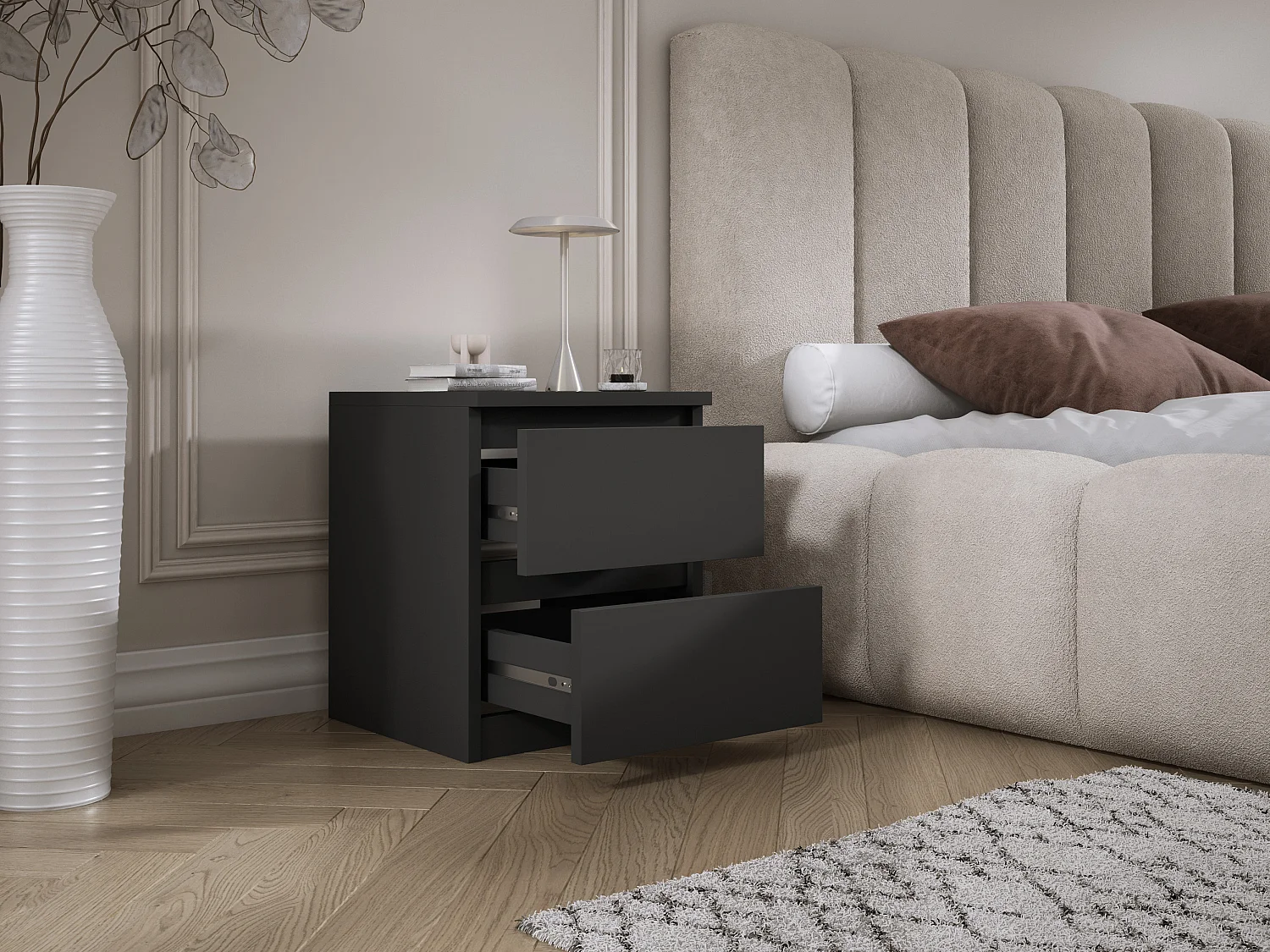 Table de chevet avec deux tiroirs, 45 × 36 × 36 cm, couleur : noir