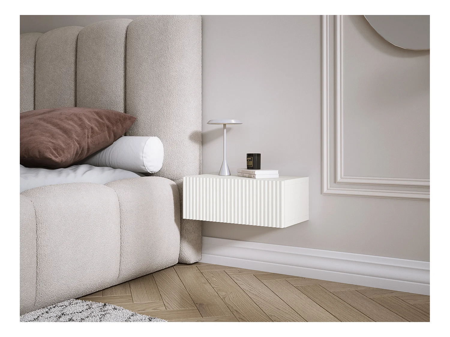 Table de chevet suspendue avec tiroir, façade rainurée, Couleur : blanc, 40 x 20 x 16 cm