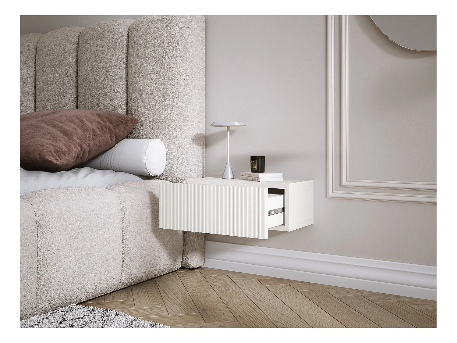 Table de chevet suspendue avec tiroir, façade rainurée, Couleur : blanc, 40 x 20 x 16 cm