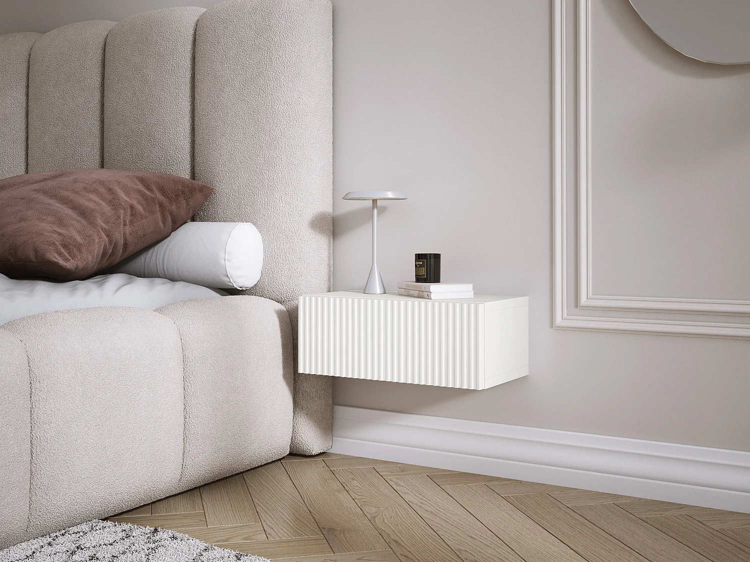 Table de chevet suspendue avec tiroir, façade rainurée, Couleur : blanc, 40 x 20 x 16 cm