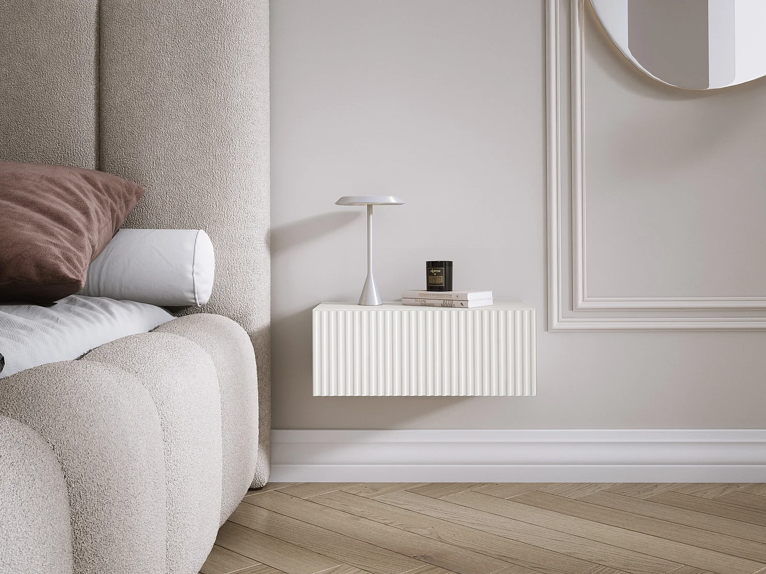 Table de chevet suspendue avec tiroir, façade rainurée, Couleur : blanc, 40 x 20 x 16 cm