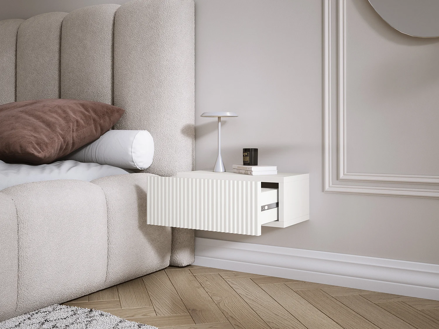 Table de chevet suspendue avec tiroir, façade rainurée, Couleur : blanc, 40 x 20 x 16 cm