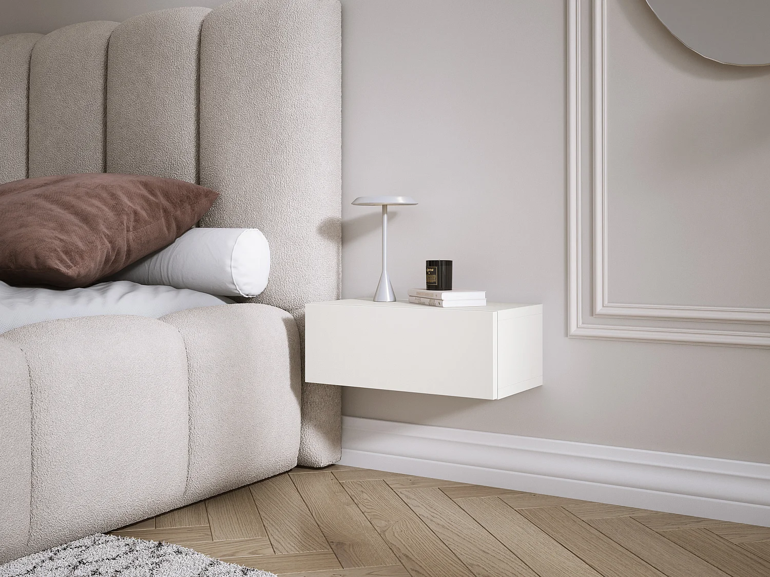 Comodino sospeso con cassetto – frontale liscio – colore: Bianco, 40 x 20 x 16 cm