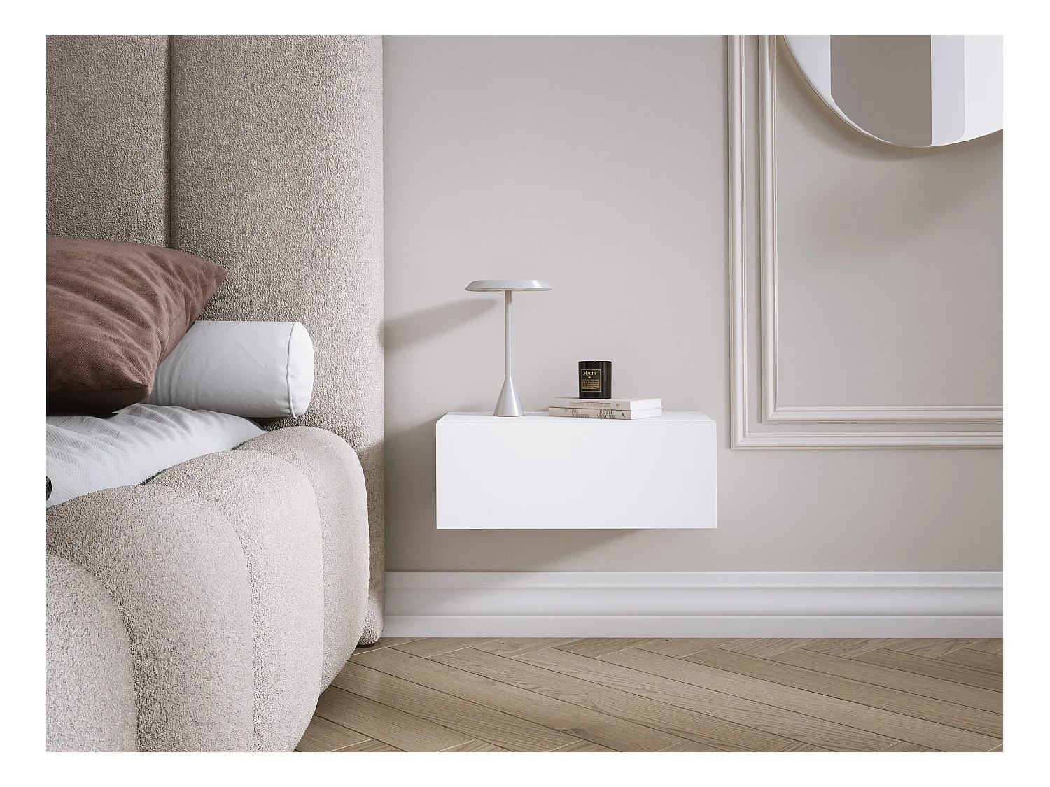 Comodino sospeso con cassetto – frontale liscio – colore: Bianco, 40 x 20 x 16 cm