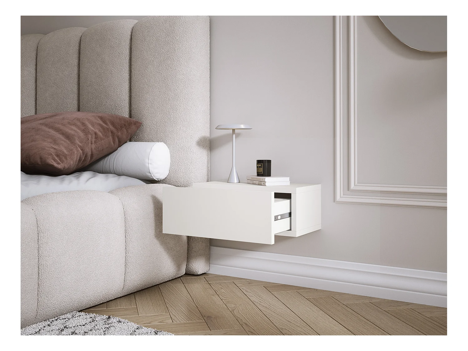 Comodino sospeso con cassetto – frontale liscio – colore: Bianco, 40 x 20 x 16 cm