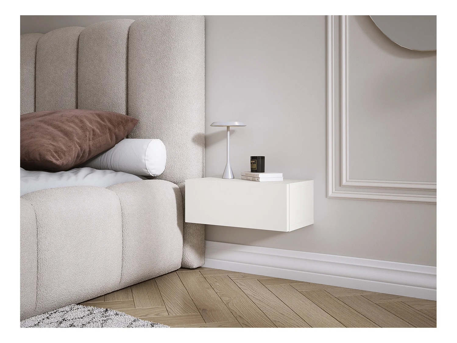 Table de chevet suspendue avec tiroir, façade lisse, Couleur : blanc, 40 x 20 x 16 cm