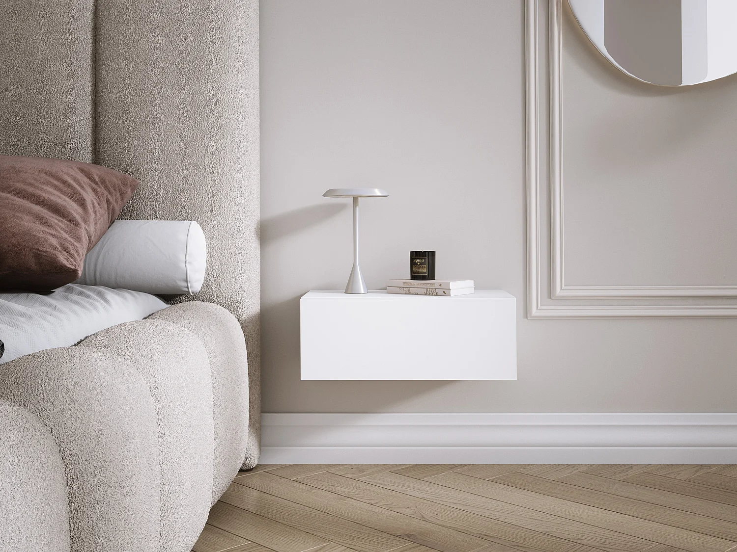 Table de chevet suspendue avec tiroir, façade lisse, Couleur : blanc, 40 x 20 x 16 cm