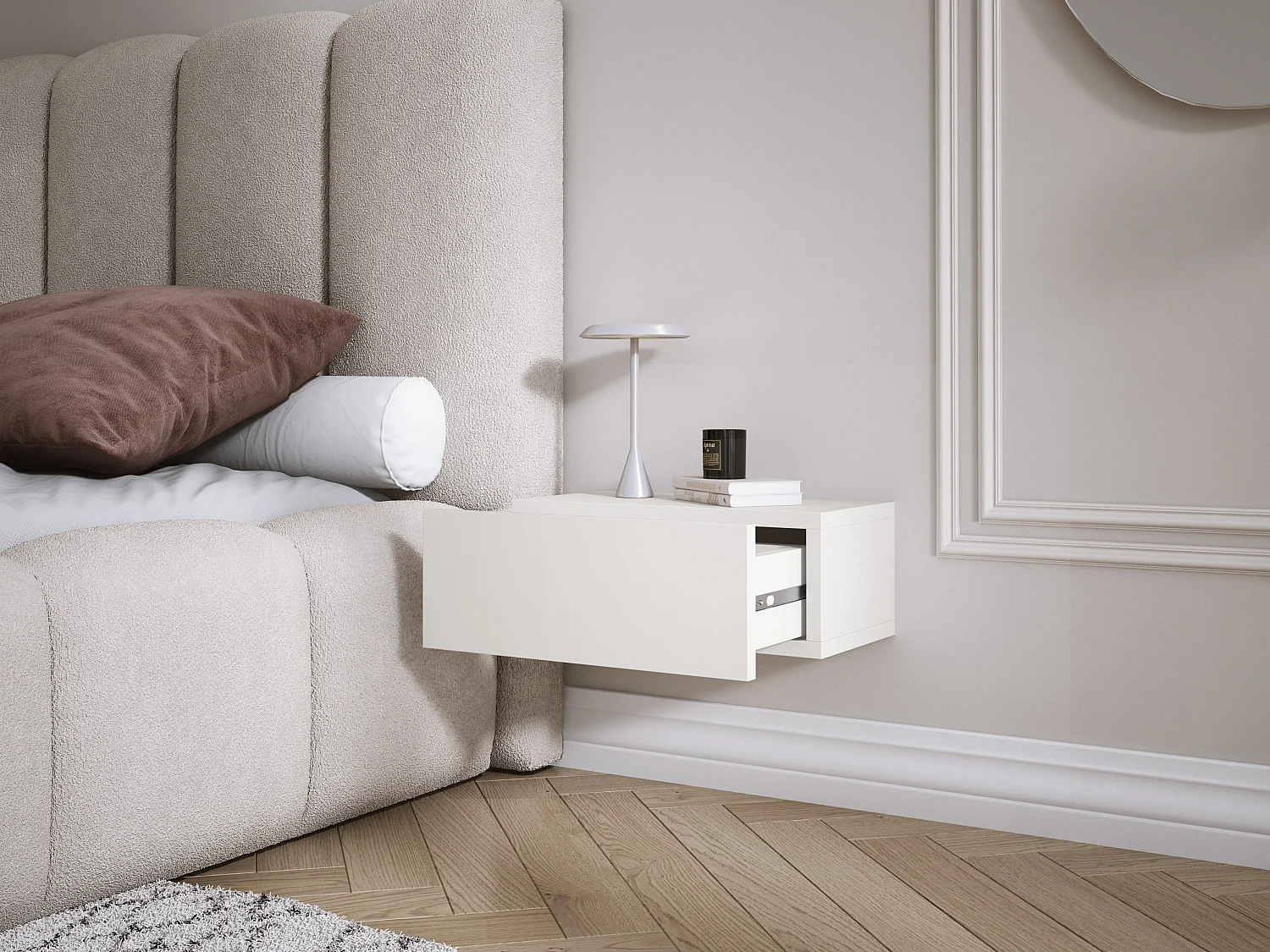 Table de chevet suspendue avec tiroir, façade lisse, Couleur : blanc, 40 x 20 x 16 cm