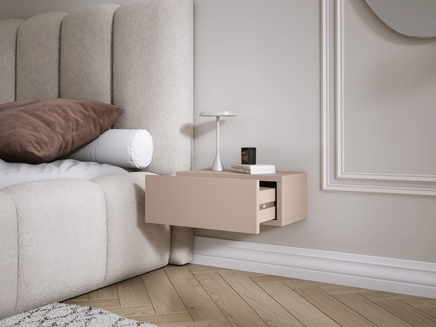 Table de chevet suspendue avec tiroir, façade lisse, Couleur : brun caramel, 40 x 20 x 16 cm