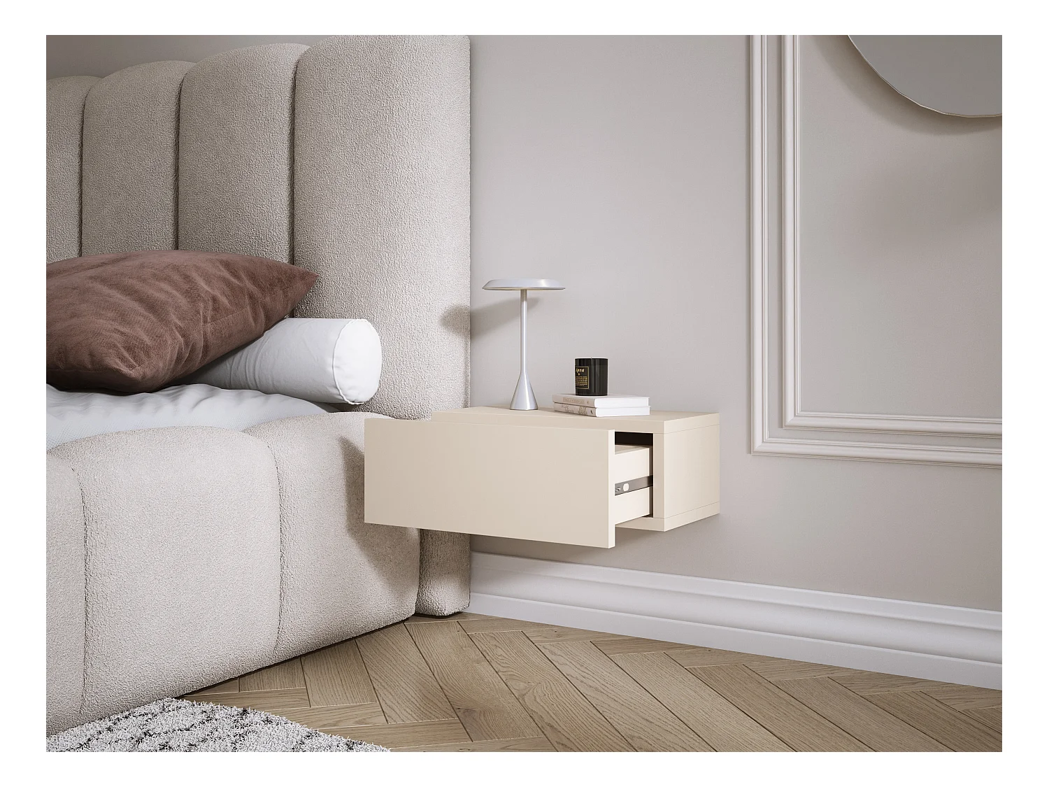 Table de chevet suspendue avec tiroir, façade lisse, Couleur : cachemire, 40 x 20 x 16 cm