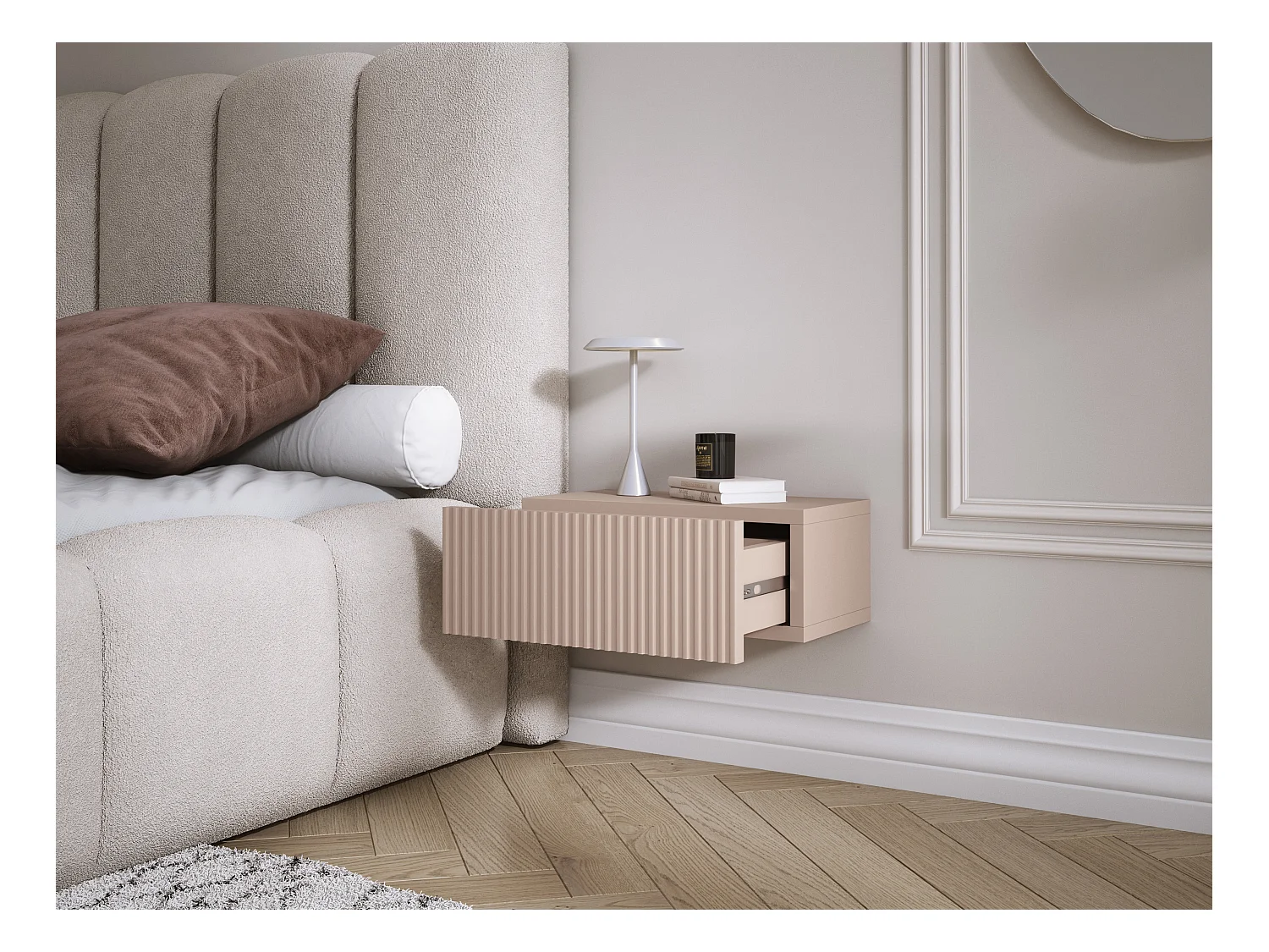 Table de chevet suspendue avec tiroir, façade rainurée, Couleur : brun caramel, 40 x 20 x 16 cm