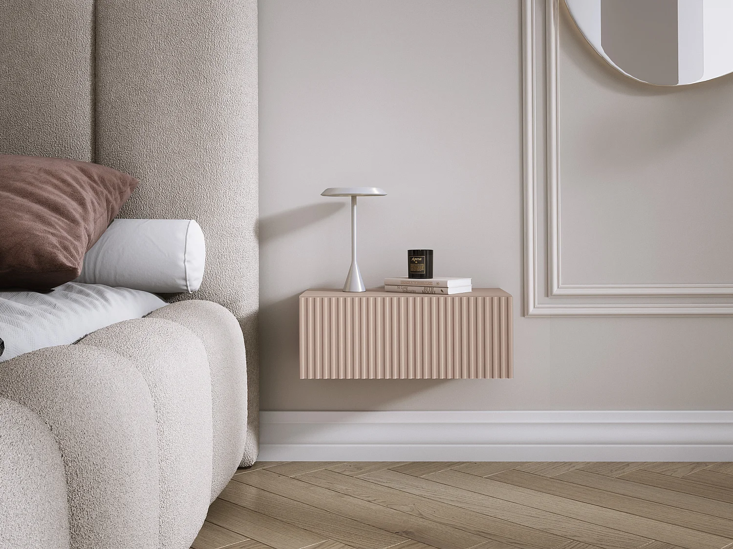 Table de chevet suspendue avec tiroir, façade rainurée, Couleur : brun caramel, 40 x 20 x 16 cm