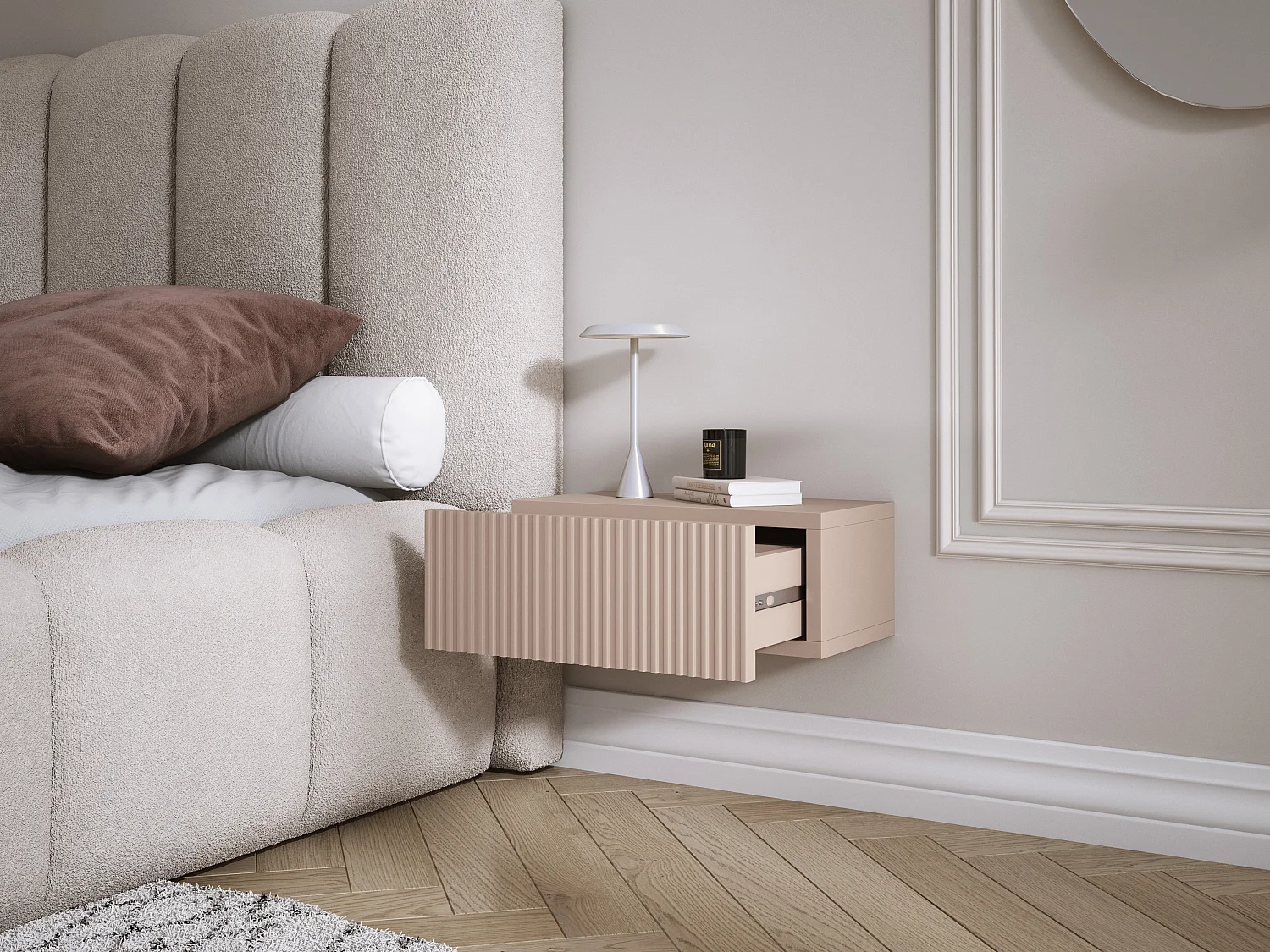 Table de chevet suspendue avec tiroir, façade rainurée, Couleur : brun caramel, 40 x 20 x 16 cm