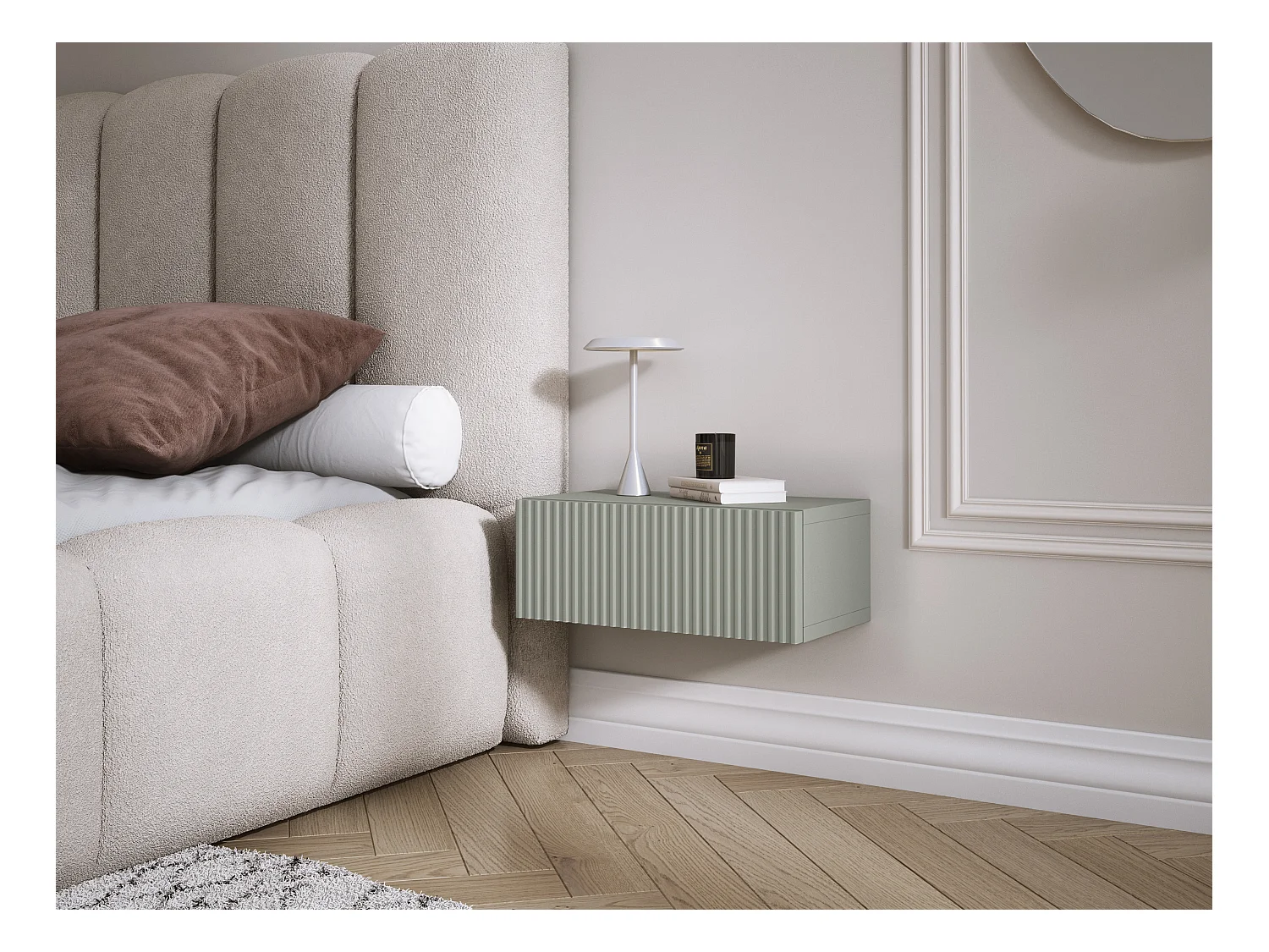 Hangend nachtkastje met lade – gegroefde voorkant, lamellen – Kleur: Wit, 40 x 20 x 16 cm