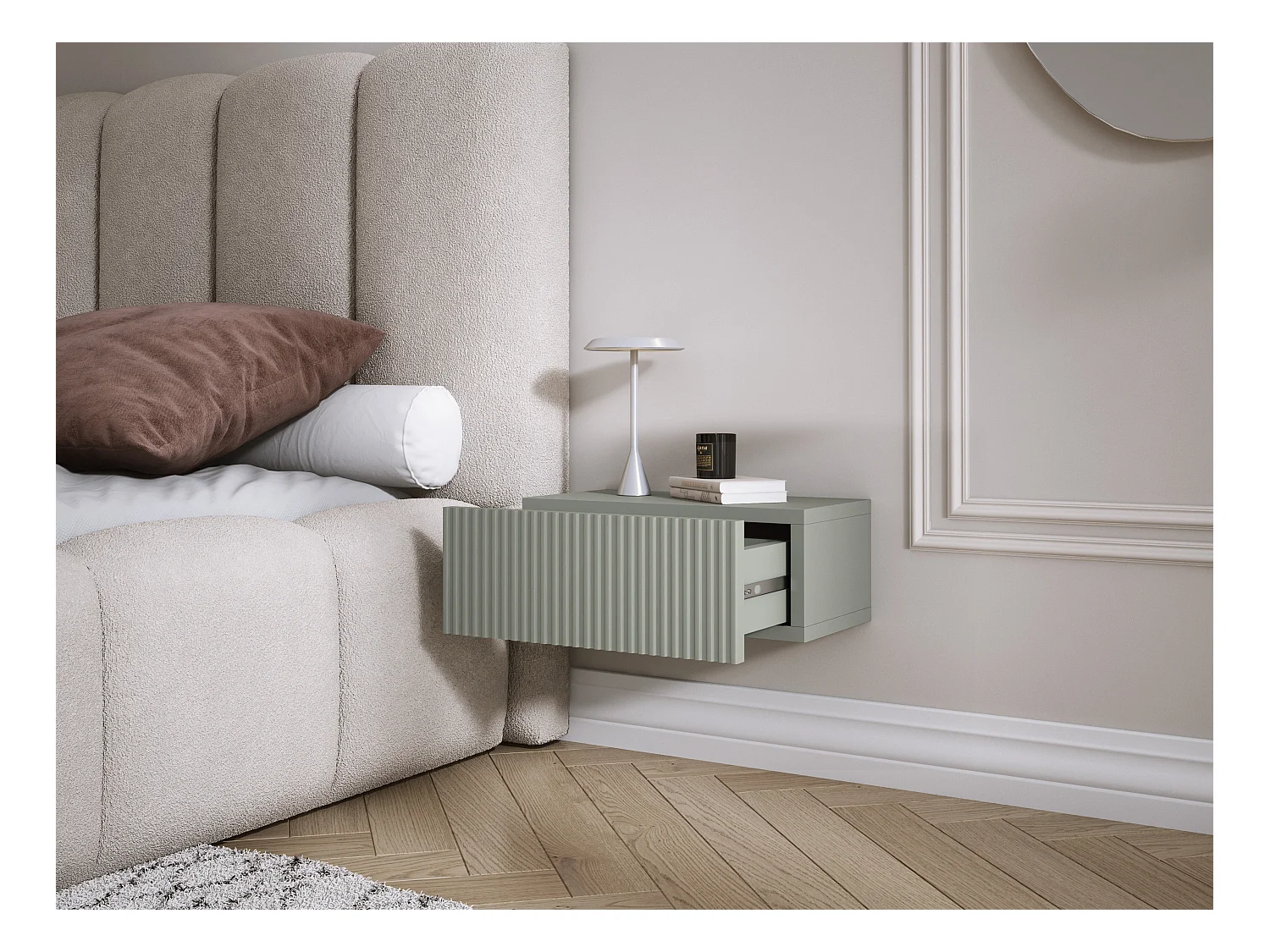 Hangend nachtkastje met lade – gegroefde voorkant, lamellen – Kleur: Wit, 40 x 20 x 16 cm