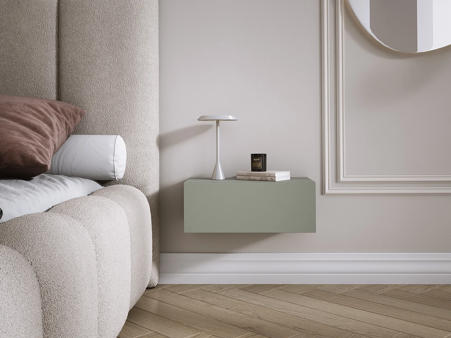 Table de chevet suspendue avec tiroir, façade rainurée, Couleur : aloès vert, 40 x 20 x 16 cm