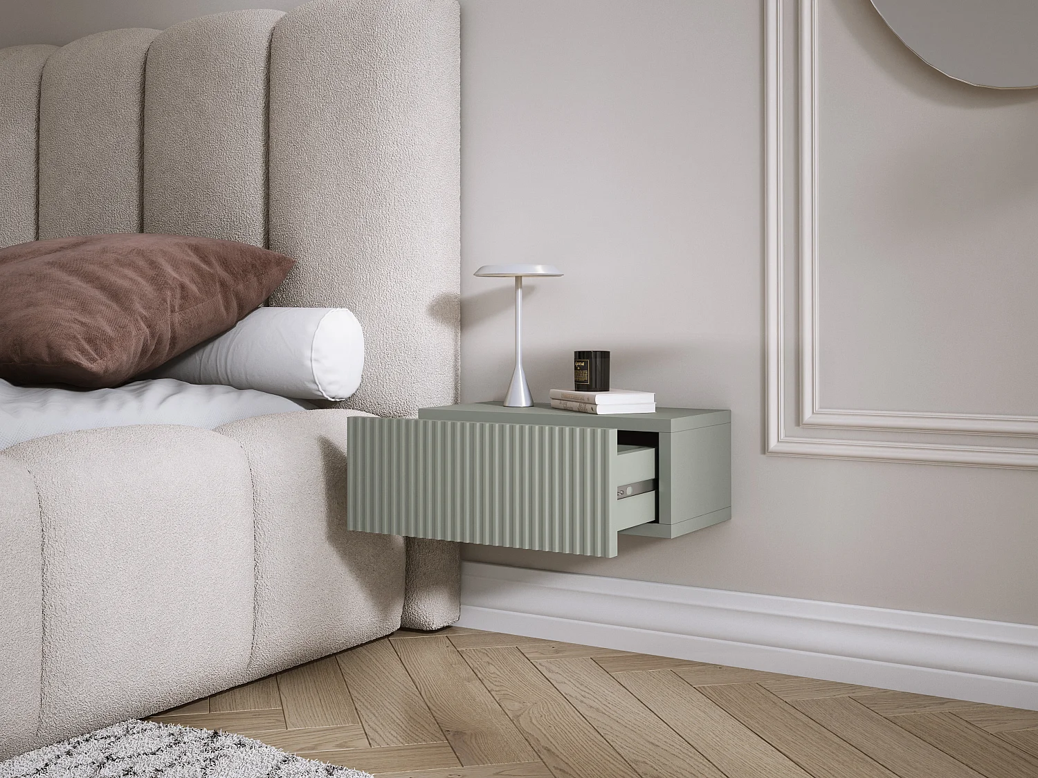 Table de chevet suspendue avec tiroir, façade rainurée, Couleur : aloès vert, 40 x 20 x 16 cm