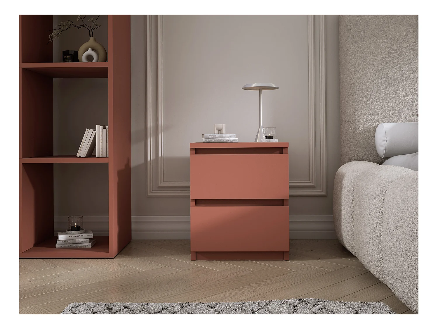 Staand nachtkastje met twee lades – 45 × 36 × 36 cm – kleur: Baksteen