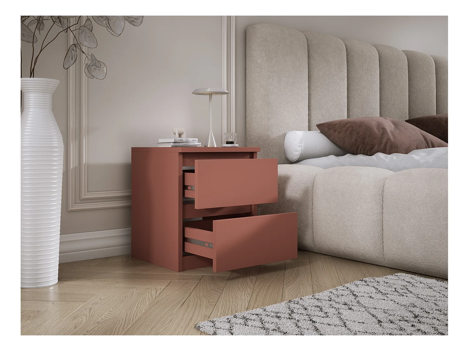 Staand nachtkastje met twee lades – 45 × 36 × 36 cm – kleur: Baksteen