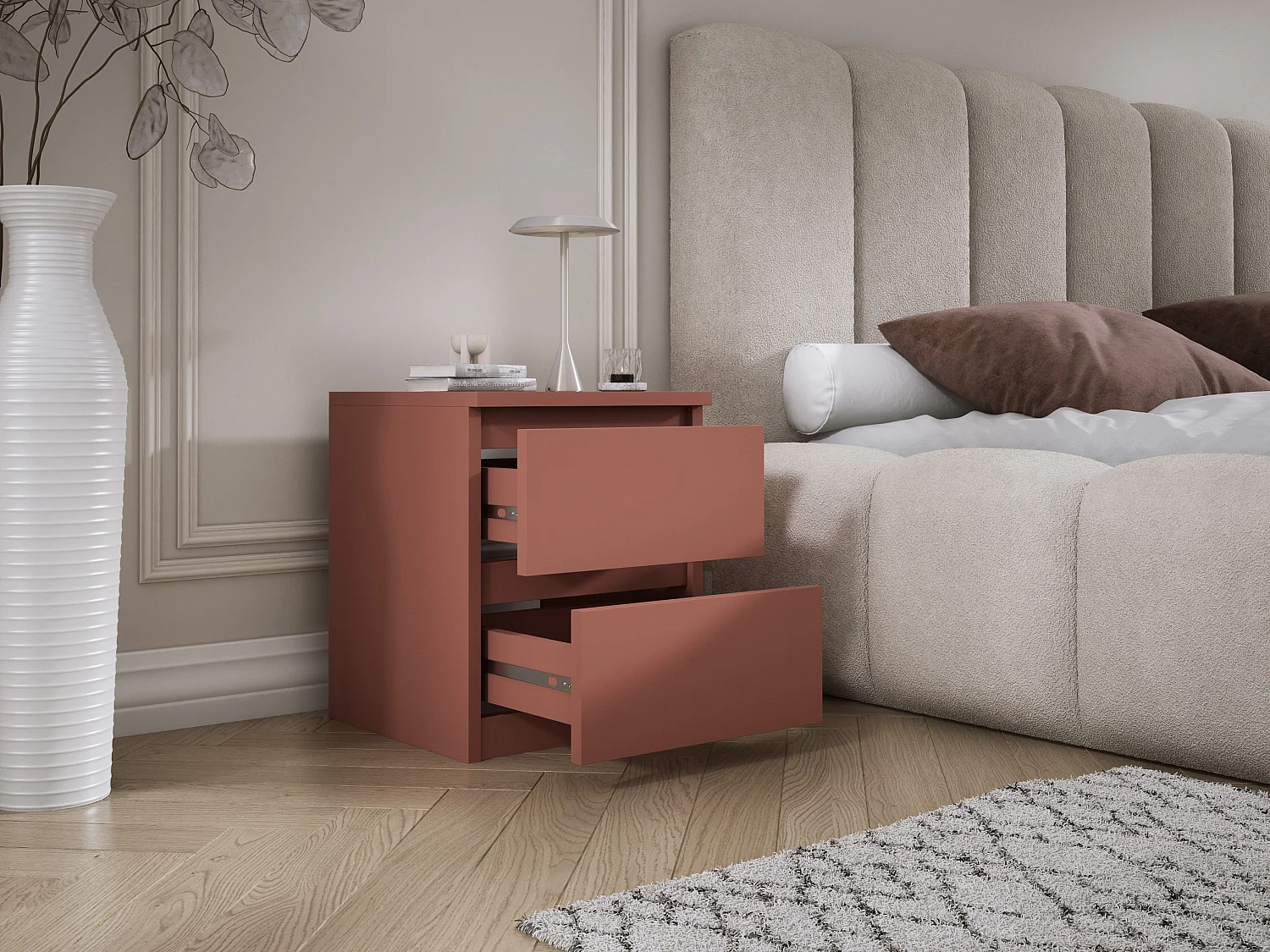 Table de chevet avec deux tiroirs, 45 × 36 × 36 cm, couleur : rouge brique