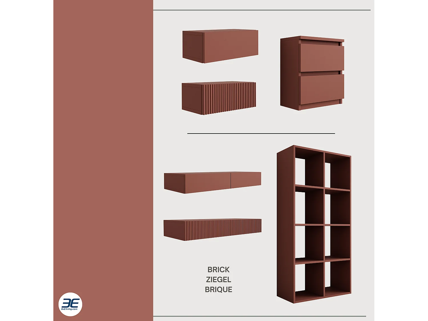 Comodino da appoggio con due cassetti – 45 × 36 × 36 cm – colore: rosso mattone