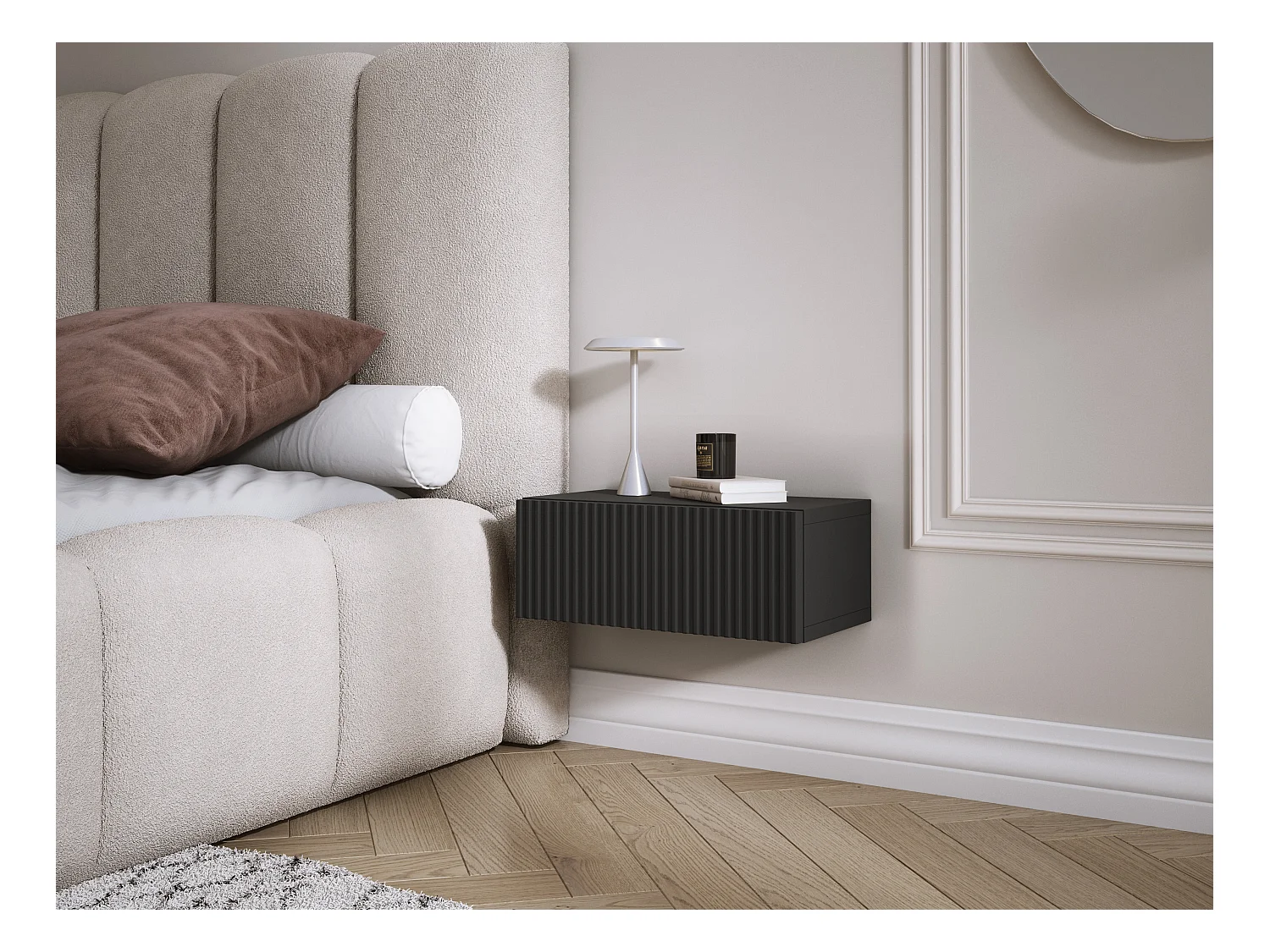 Hangend nachtkastje met lade – gegroefde voorkant, lamellen – Kleur: Kasjmier, 40 x 20 x 16 cm