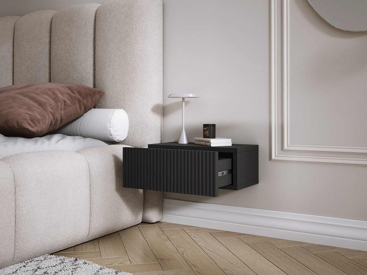 Table de chevet suspendue avec tiroir, façade rainurée, Couleur : noir, 40 x 20 x 16 cm