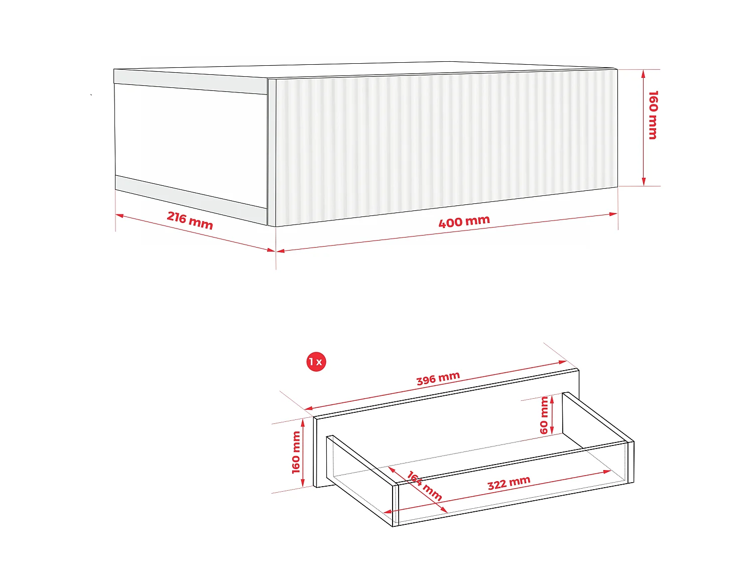 Natbord, sort MDF, 40 x 21,6 x 16 cm