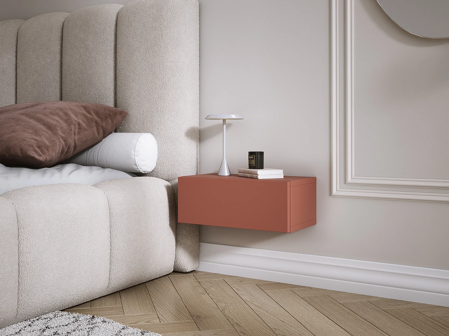 Table de chevet suspendue avec tiroir, façade lisse, Couleur : rouge brique, 40 x 20 x 16 cm