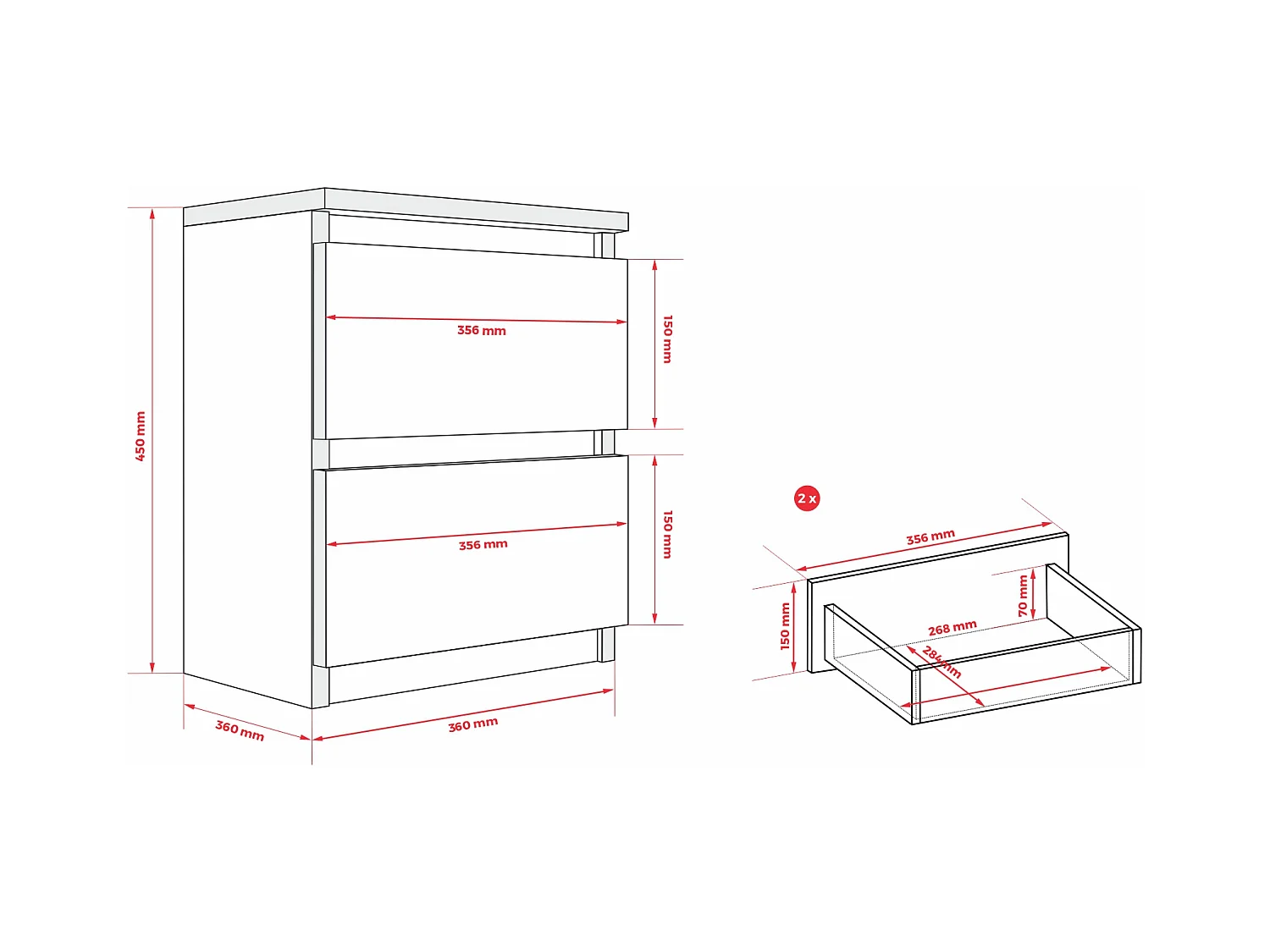 Table de chevet avec deux tiroirs, 45 × 36 × 36 cm, couleur : blanc