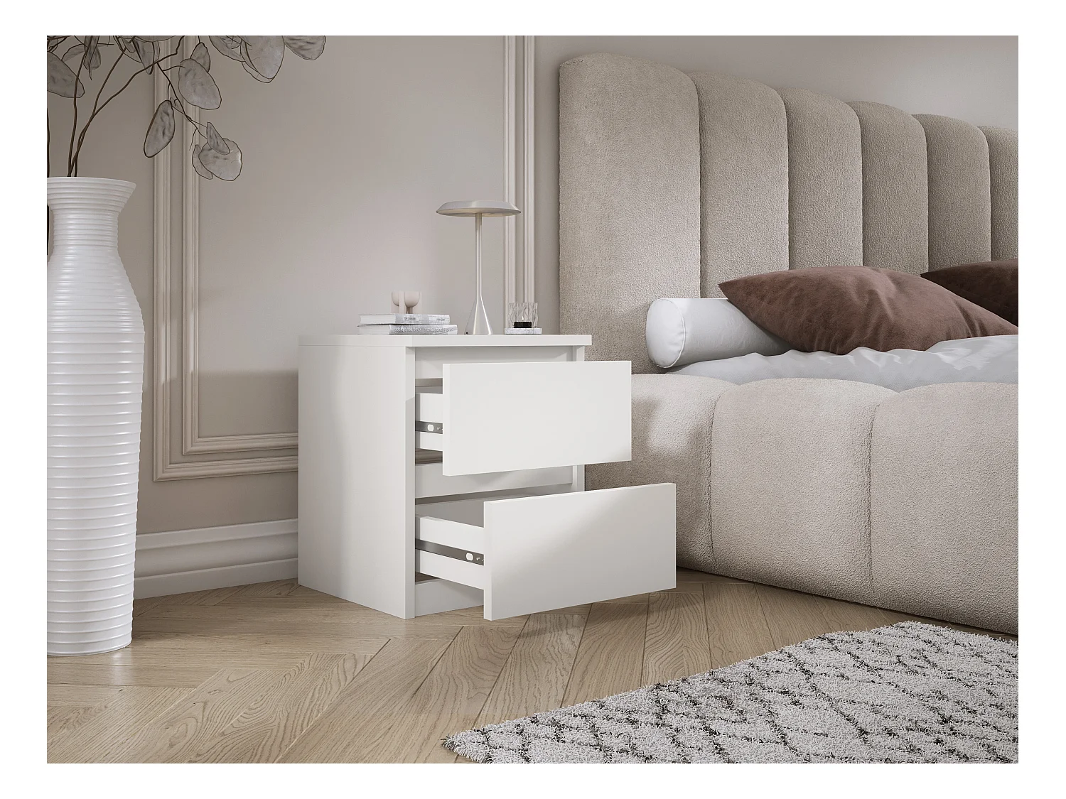 Table de chevet avec deux tiroirs, 45 × 36 × 36 cm, couleur : blanc